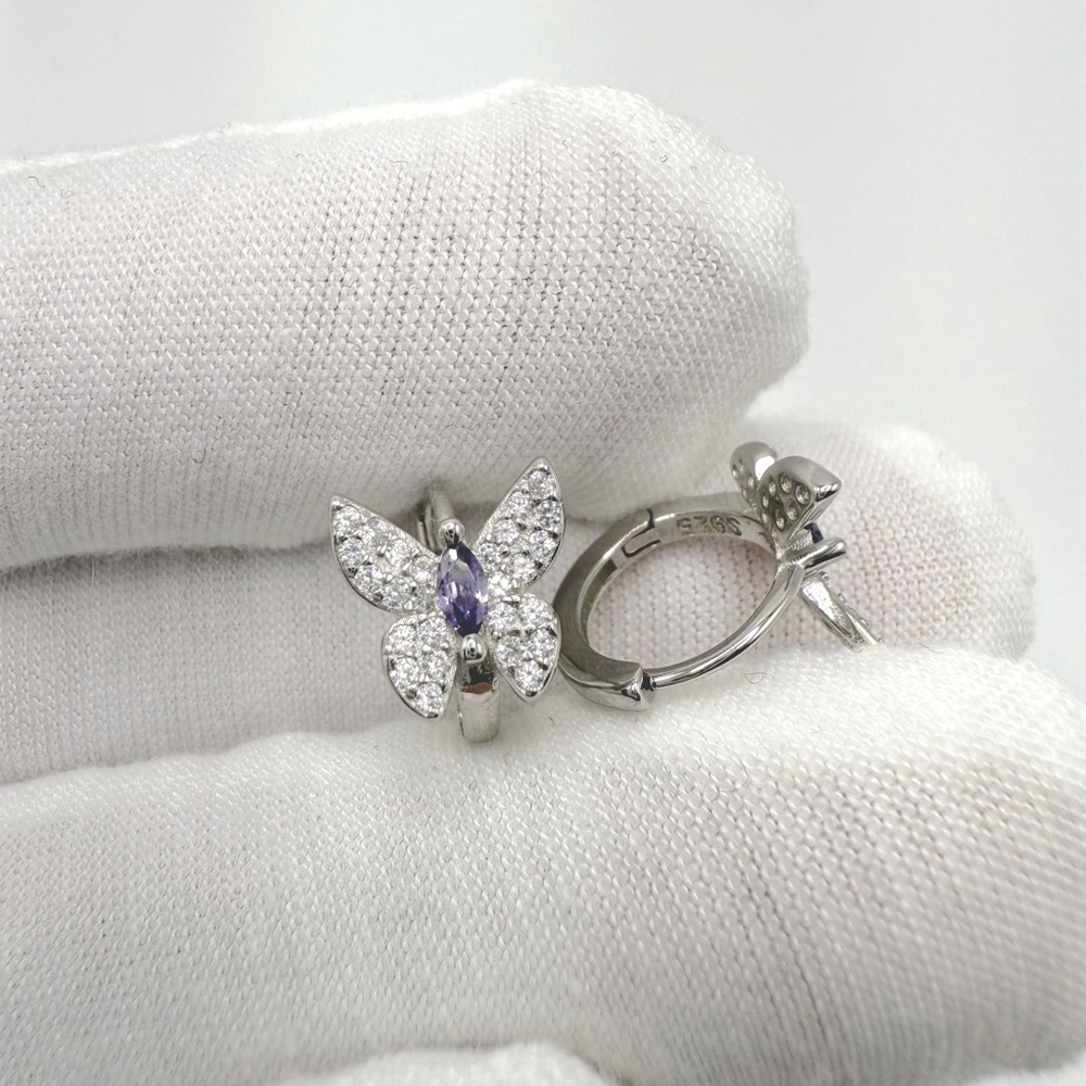 .925 Sterling Silver Butterfly Amethyst Cz and Clear Cz Huggie Earrings